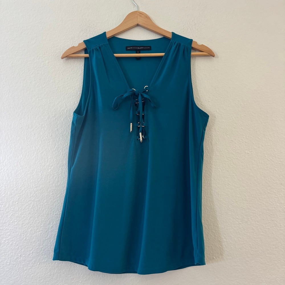 White House Black Market Lace Up V-Neck Sleeveless Top Small Teal Blue Excellent